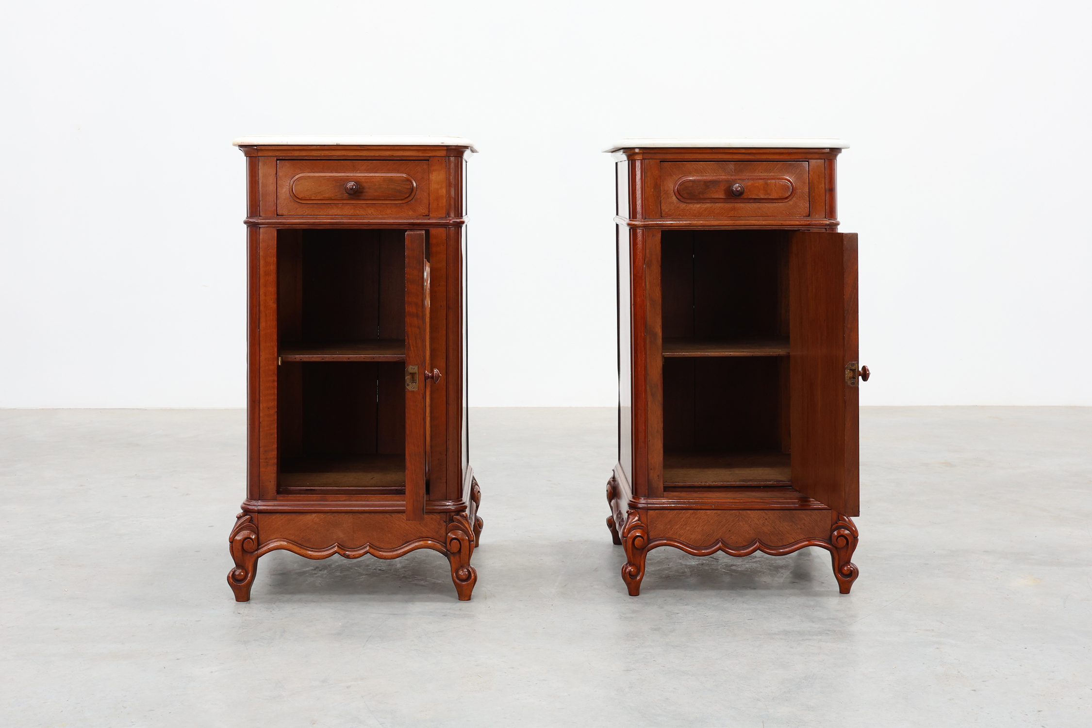 Pair Louis XV nightstands with Carrara marble top, France ca. 1890thumbnail